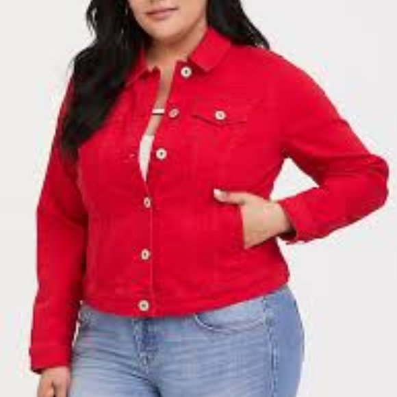 Coats | Torrid Red Denim Trucker Jacket 
